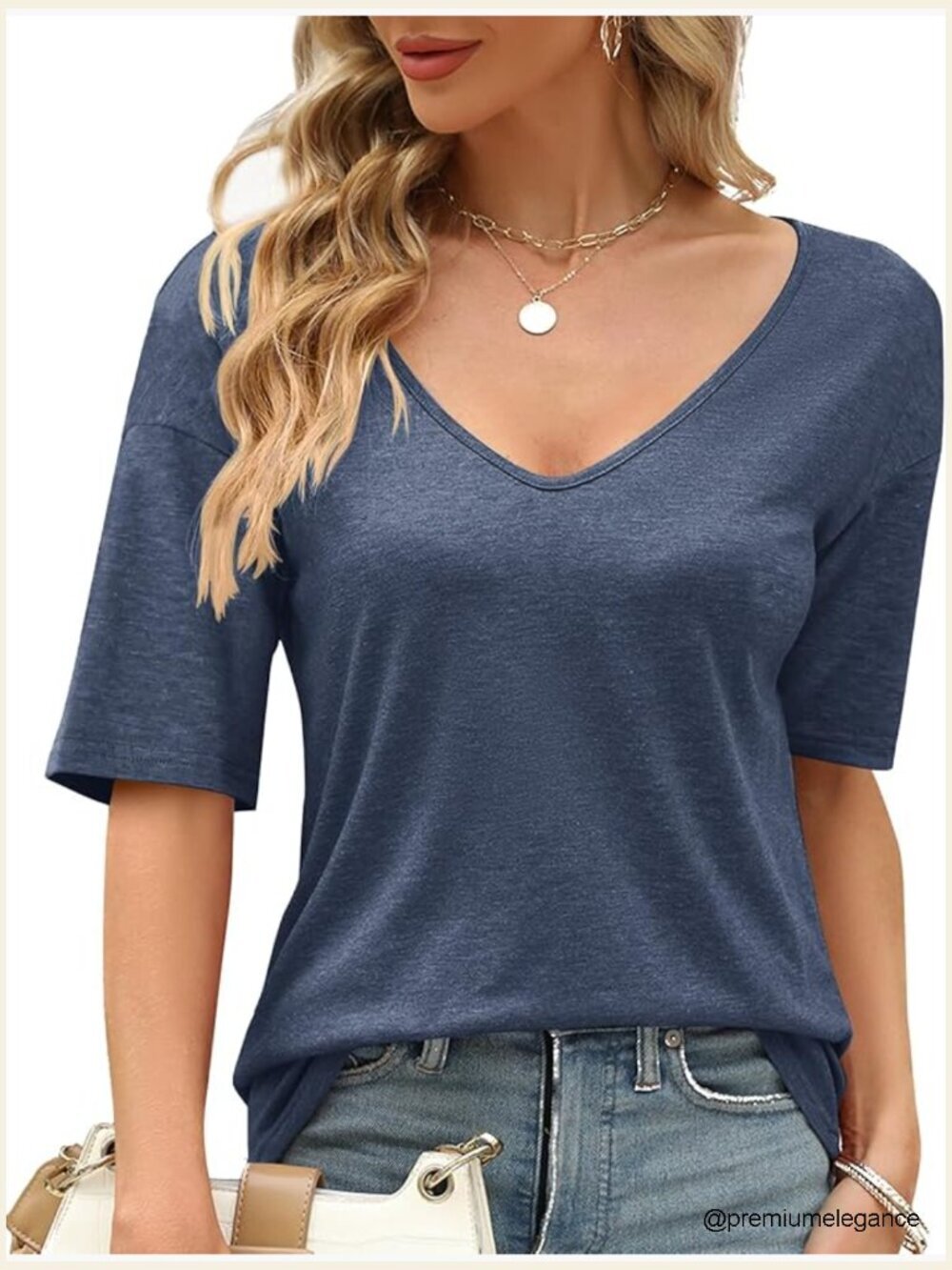 V-Neck Half Sleeve Loose Fit T-Shirt Cotton Blend Soft Basic Top
